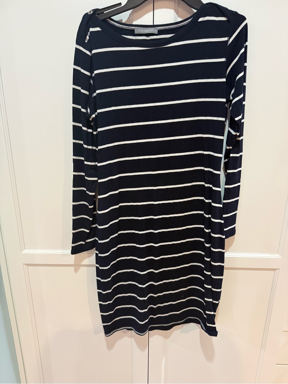 Loveappella Navy and White Striped Long Sleeve Shift Dress